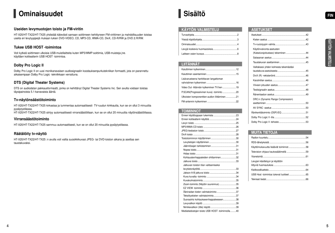 Samsung HT-X20R/XEE manual Ominaisuudet, Sisältö 