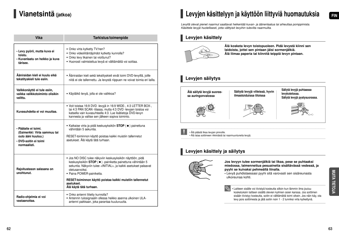 Samsung HT-X20R/XEE manual Vianetsintä jatkoa, Levyjen säilytys, Levyjen käsittely ja säilytys 