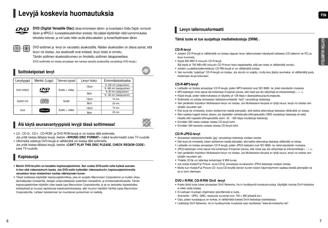 Samsung HT-X20R/XEE manual Levyjä koskevia huomautuksia, Soittokelpoiset levyt, Kopiosuoja, Levyn tallennusformaatti 