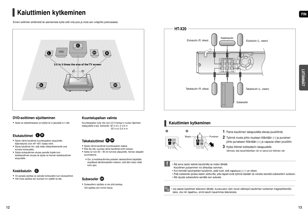 Samsung HT-X20R/XEE manual Kaiuttimien kytkeminen 