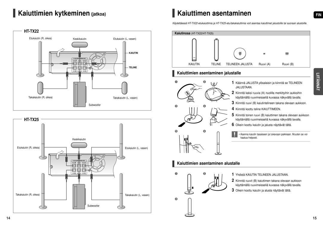 Samsung HT-X20R/XEE manual Kaiuttimien kytkeminen jatkoa, HT-TX25, Kaiuttimien asentaminen jalustalle 