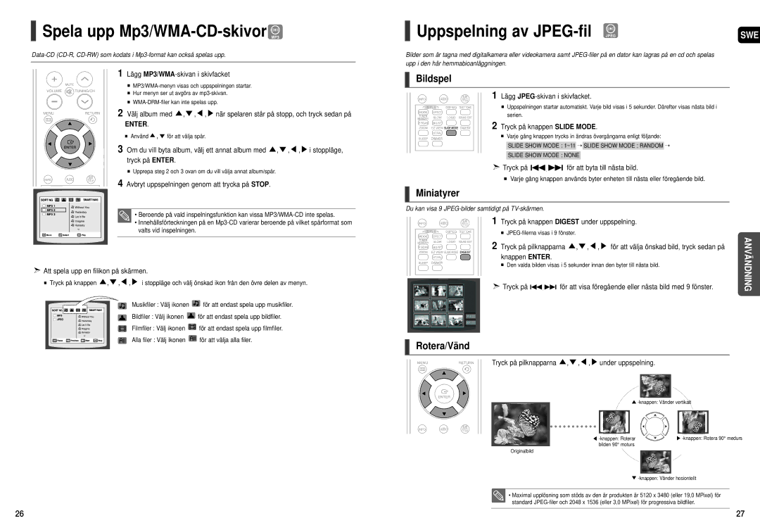 Samsung HT-X20R/XEE manual Spela upp Mp3/WMA-CD-skivor MP3, Uppspelning av JPEG-fil Jpeg, Bildspel, Miniatyrer, Rotera/Vänd 