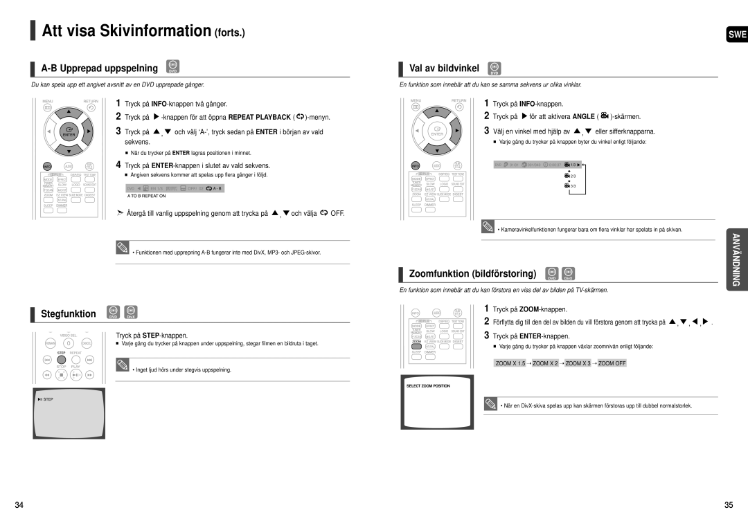 Samsung HT-X20R/XEE manual Stegfunktion DVD DivX, Val av bildvinkel 