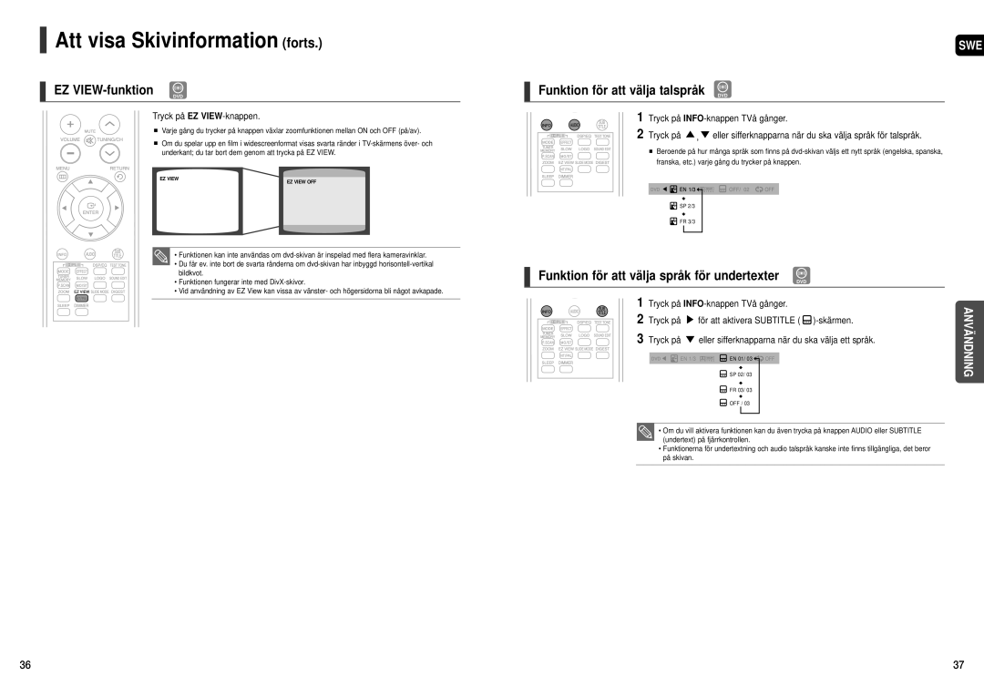 Samsung HT-X20R/XEE EZ VIEW-funktion, Funktion för att välja talspråk DVD, Funktion för att välja språk för undertexter 