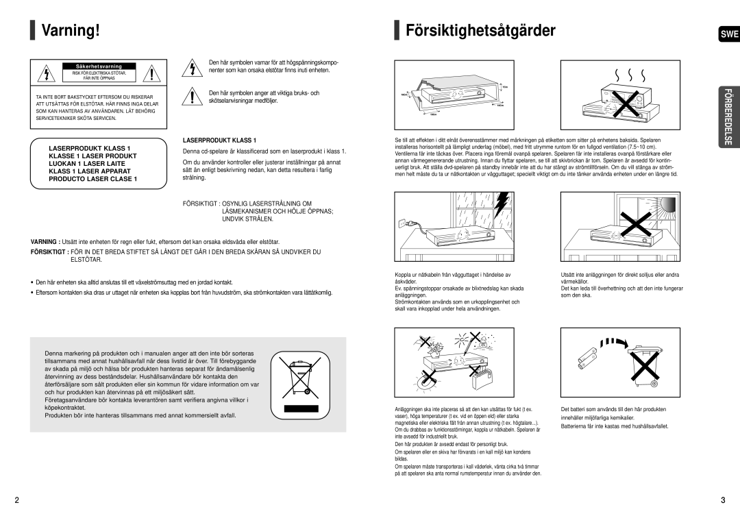 Samsung HT-X20R/XEE manual Varning FörsiktighetsåtgärderSWE, Säkerhetsvarning 