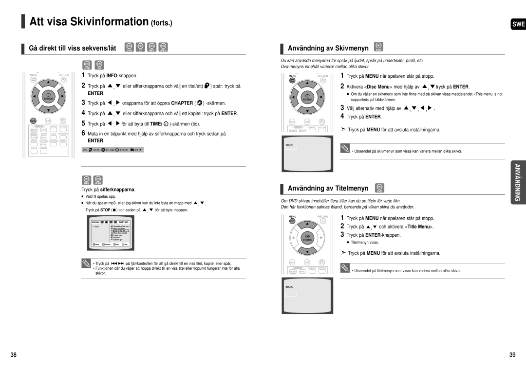 Samsung HT-X20R/XEE manual Användning av Skivmenyn DVD, Användning av Titelmenyn, Knapparna för att öppna Chapter -skärmen 