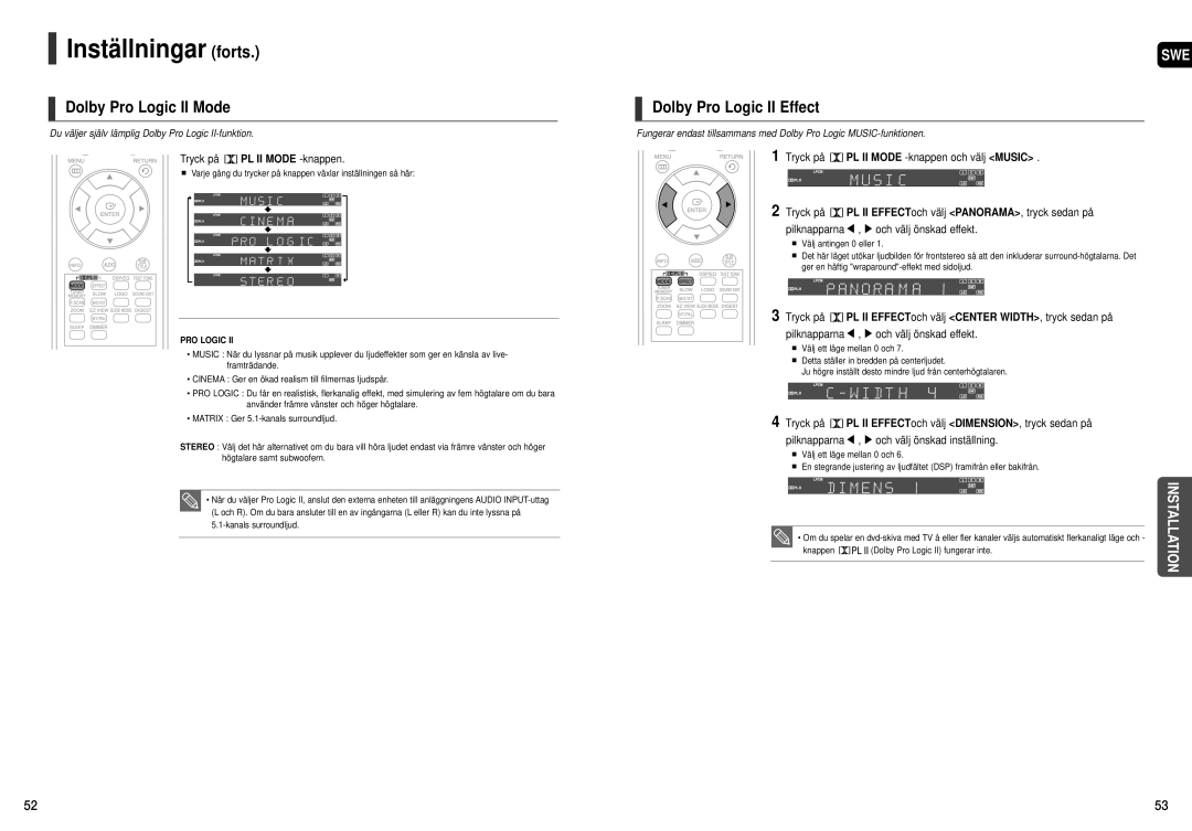 Samsung HT-X20R/XEE manual Dolby Pro Logic II Mode, Dolby Pro Logic II Effect, Tryck på PL II Mode -knappen 