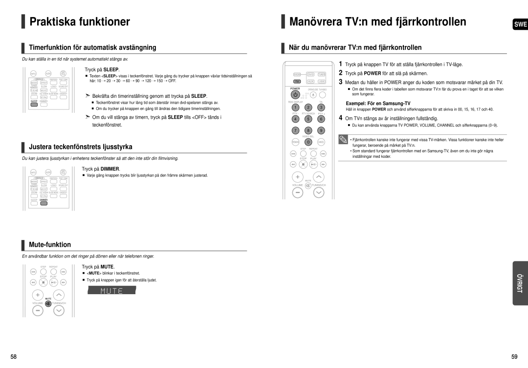 Samsung HT-X20R/XEE manual Praktiska funktioner, Manövrera TVn med fjärrkontrollen 