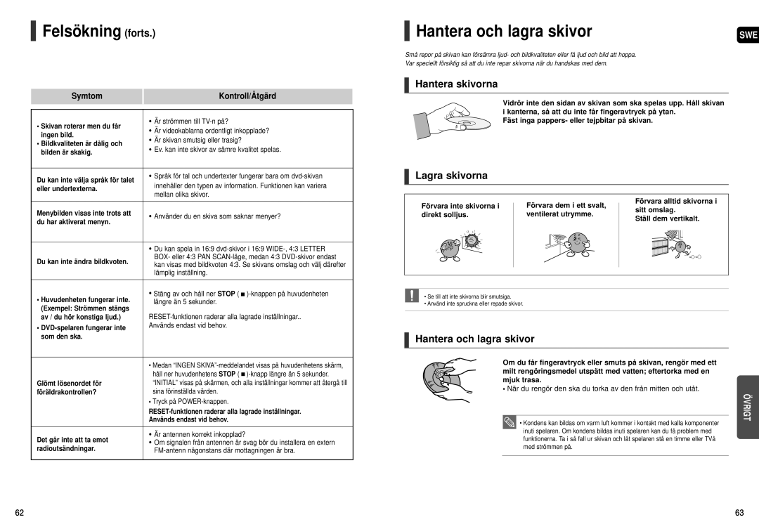 Samsung HT-X20R/XEE manual Felsökning forts, Hantera och lagra skivor, Hantera skivorna, Lagra skivorna 