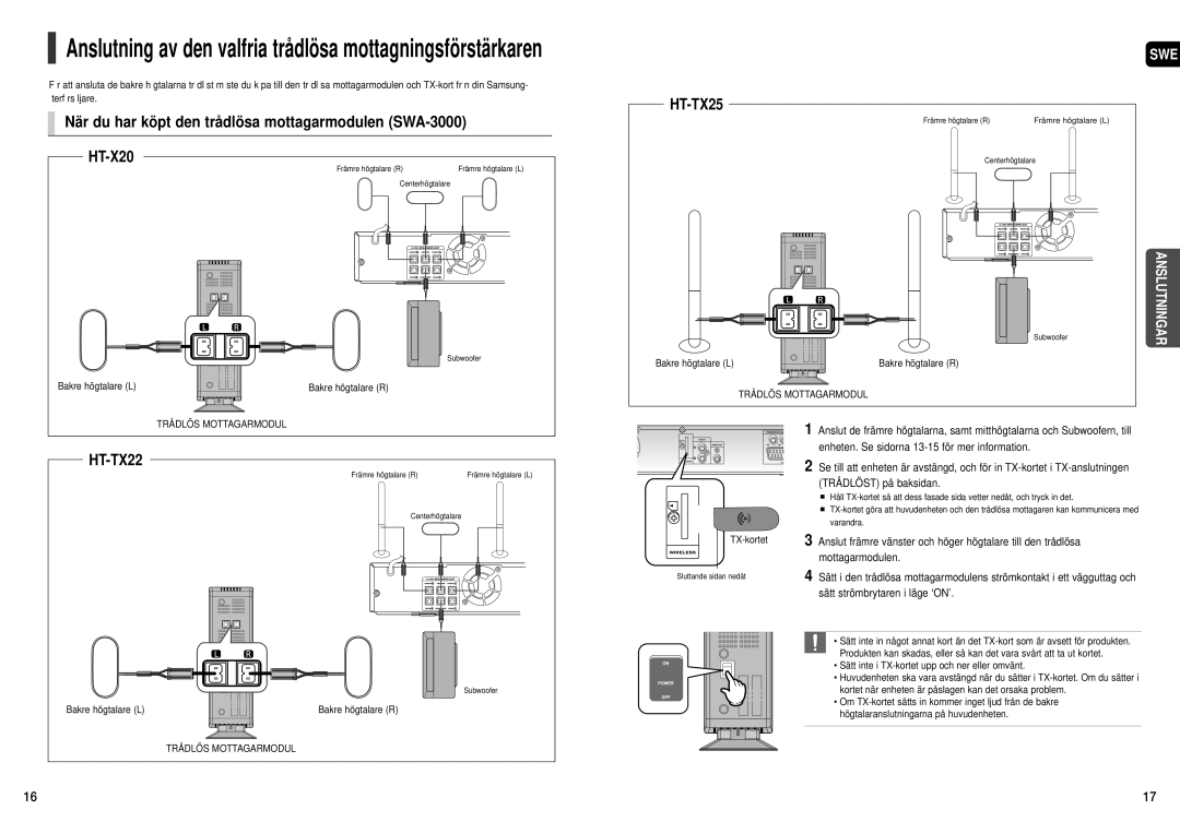 Samsung HT-X20R/XEE manual Anslutning av den valfria trådlösa mottagningsförstärkaren 