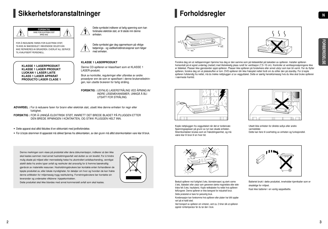 Samsung HT-X20R/XEE manual Sikkerhetsforanstaltninger, Forholdsregler 