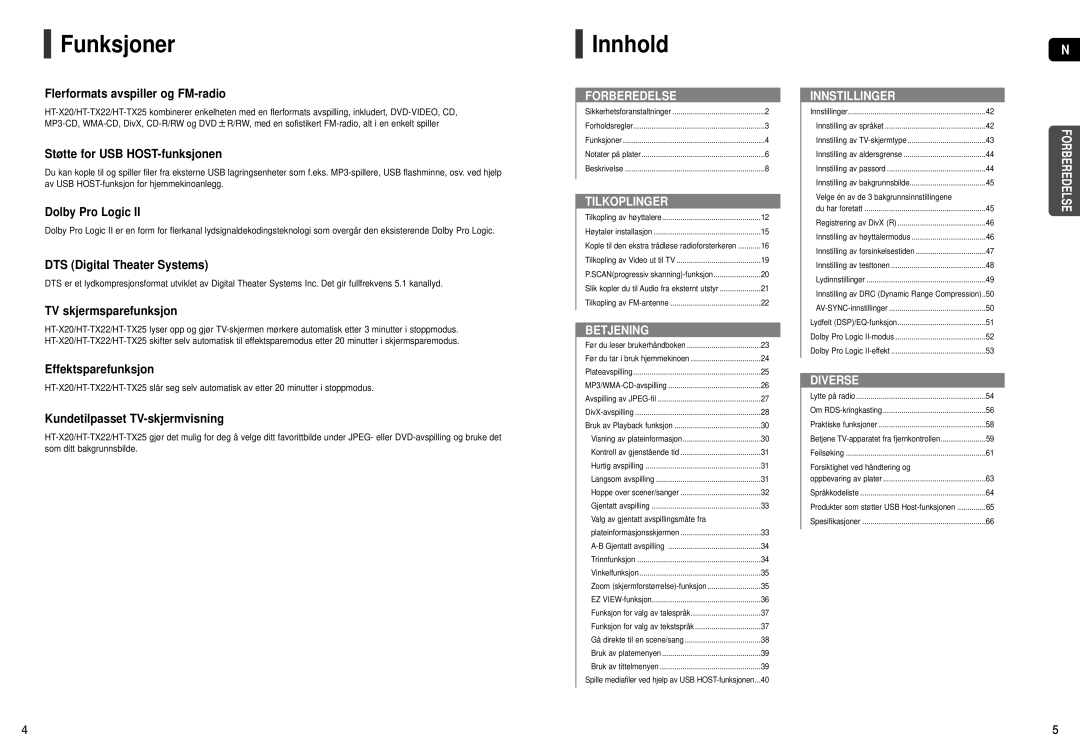 Samsung HT-X20R/XEE manual Funksjoner, Innhold 