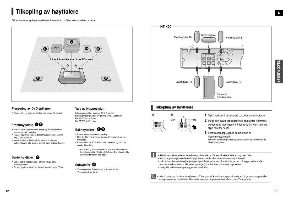 Samsung HT-X20R/XEE manual Tilkopling av høyttalere 