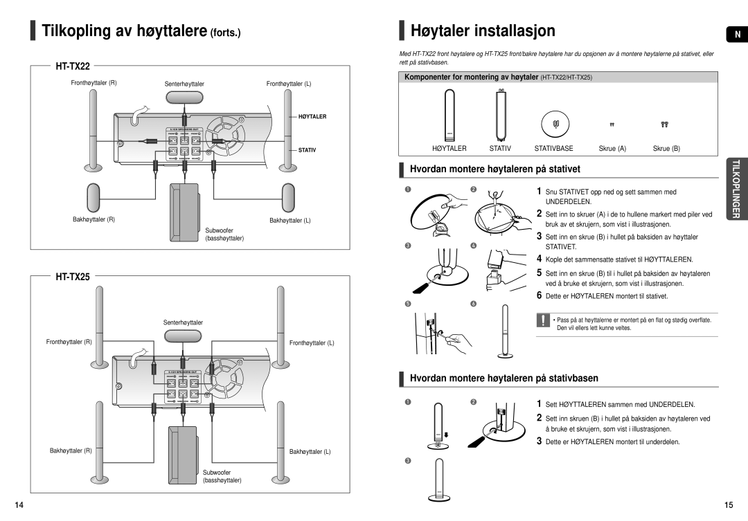 Samsung HT-X20R/XEE manual Tilkopling av høyttalere forts, Høytaler installasjon 