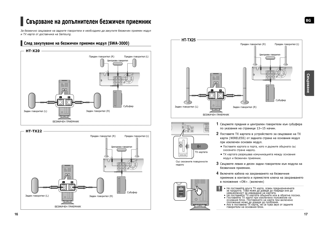 Samsung HT-X20R/XEF, HT-X20R/XEO, HT-TX22R/XEO manual Свързване на допълнителен безжичен приемник, Положение ON. включен 