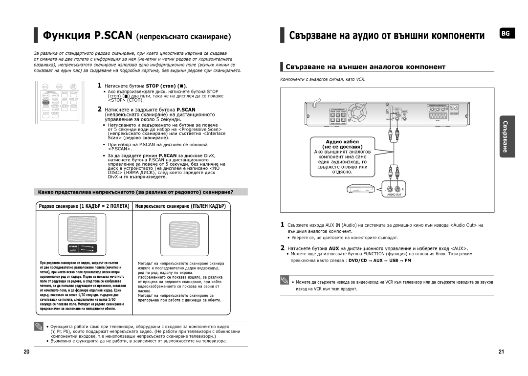 Samsung HT-TX22R/XEO manual Свързване на аудио от външни компоненти, Функция P.SCAN непрекъснато сканиране, Аудио кабел 