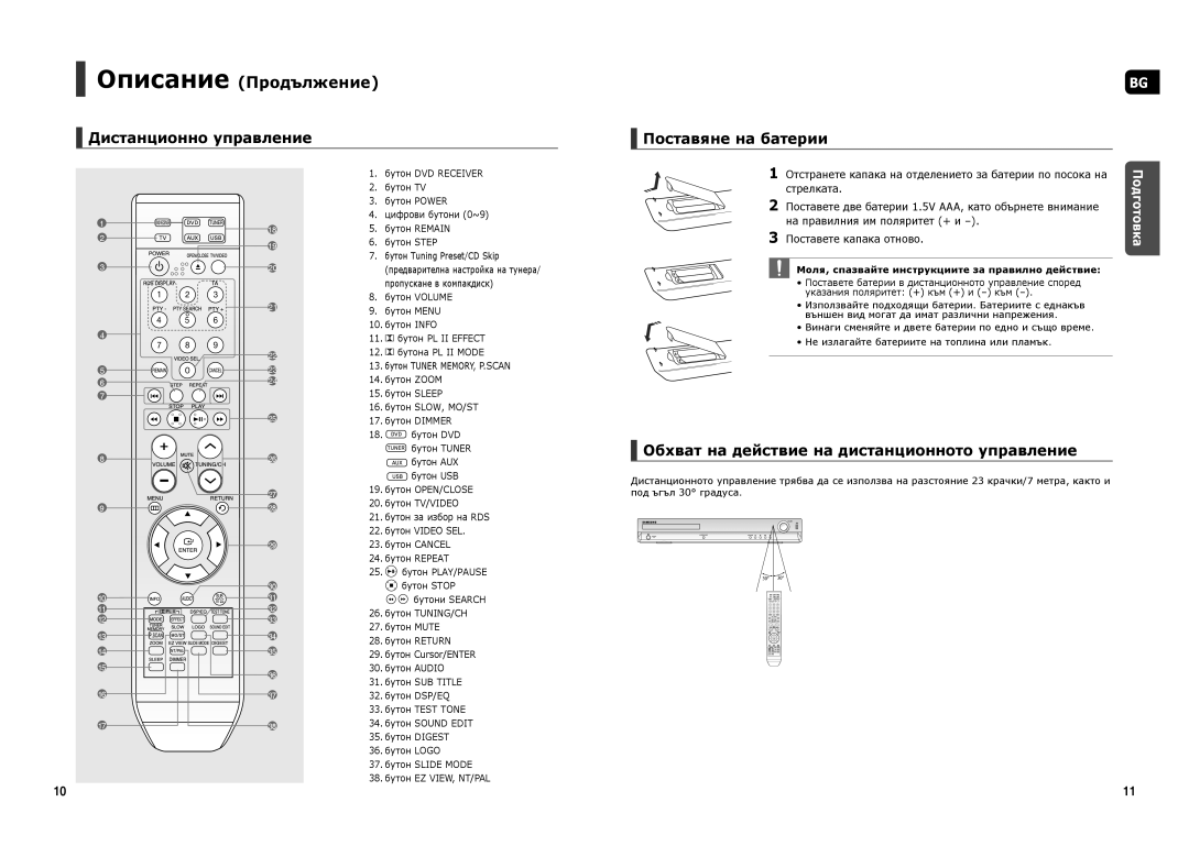 Samsung HT-X20R/XEF, HT-X20R/XEO, HT-TX22R/XEO manual Описание Продължение, Дистанционно управление, Поставяне на батерии 