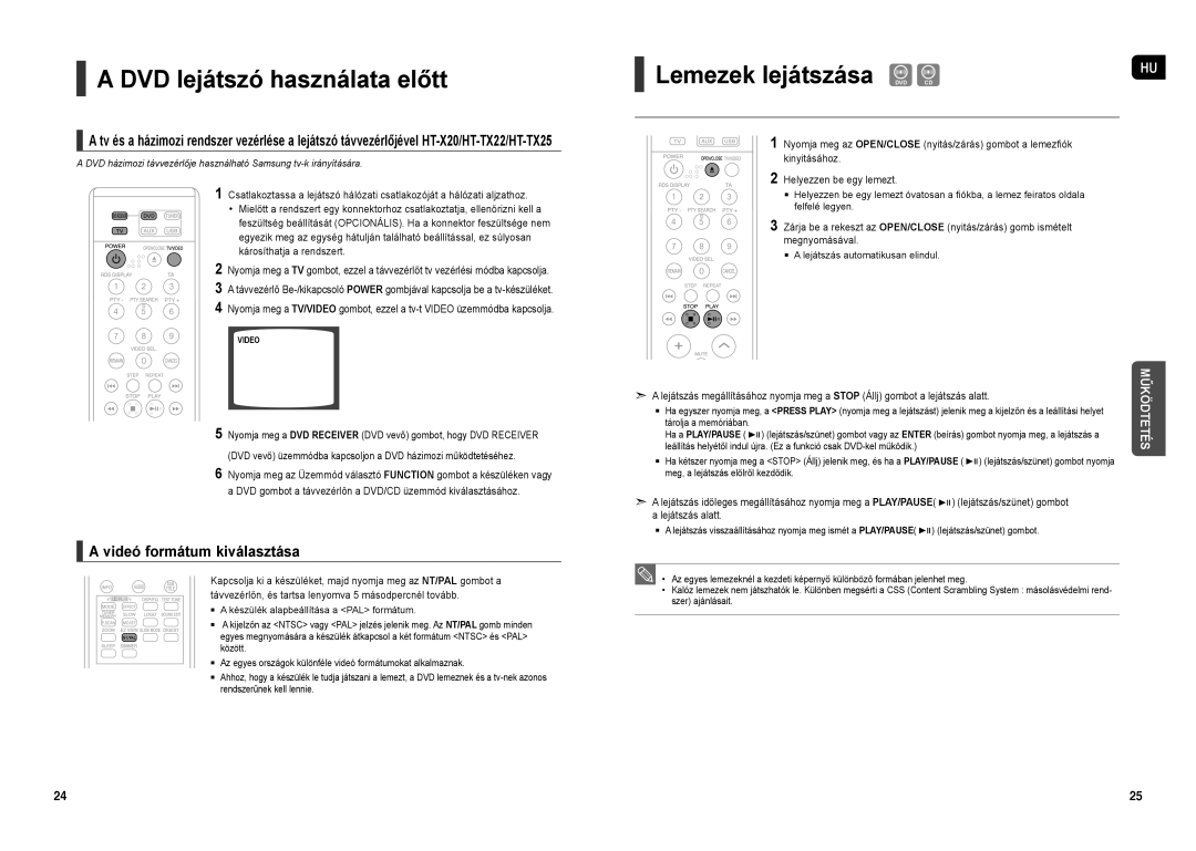 Samsung HT-X20R/XET manual DVD lejátszó használata előtt, Lemezek lejátszása, Videó formátum kiválasztása, Ha a PLAY/PAUSE 