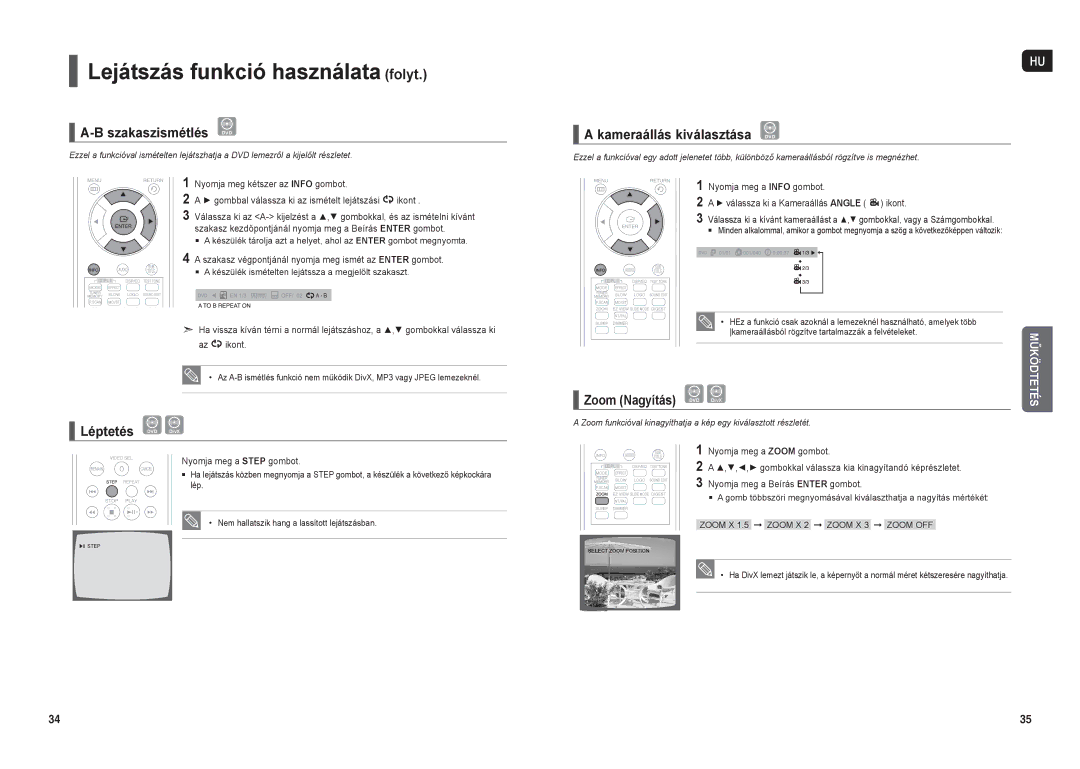 Samsung HT-X20R/XEF, HT-X20R/XET, HT-X20R/XEO manual Szakaszismétlés DVD, Léptetés DVD DivX, Zoom Nagyítás DVD DivX 