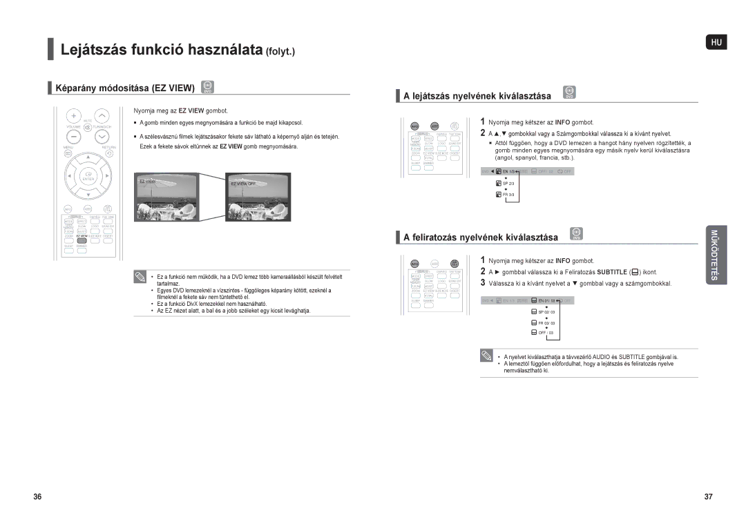 Samsung HT-X20R/XET Képarány módosítása EZ View DVD, Lejátszás nyelvének kiválasztása, Feliratozás nyelvének kiválasztása 