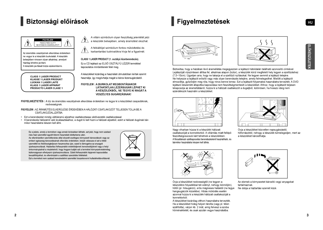 Samsung HT-X20R/XEO manual Biztonsági előírások FigyelmeztetésekHU, Class 1 Laser Product 1. osztályú lézerberendezés 