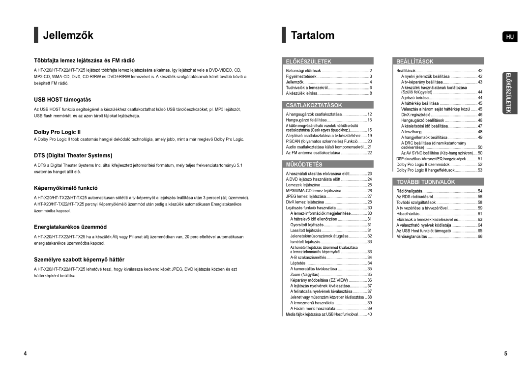 Samsung HT-X20R/XEF manual Jellemzők, Tartalom, DivX regisztráció, Teszthang, DRC beállítása dinamikatartomány Csökkentése 