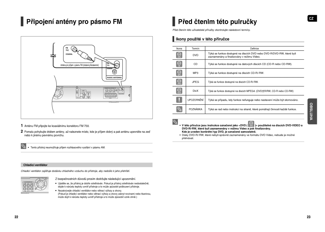 Samsung HT-X20R/XEO manual Připojení antény pro pásmo FM, Před čtenIm této puIručky, Ikony použité v této příručce 