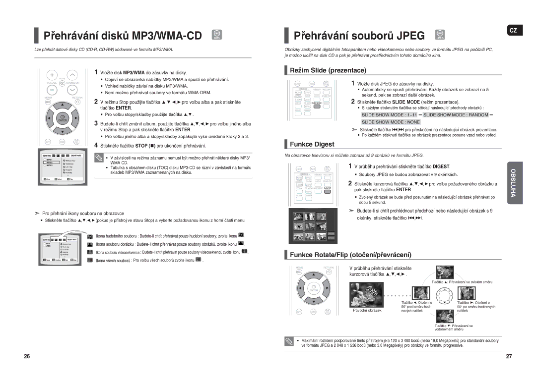 Samsung HT-X20R/XEO manual Přehrávání disků MP3/WMA-CD, Přehrávání souborů Jpeg, Režim Slide prezentace, Funkce Digest 