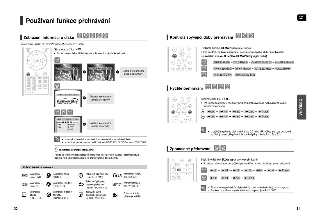 Samsung HT-X20R/XEO manual PoužIvanI funkce přehrávání, Zobrazení informací o disku DVD CD MP3 Jpeg DivX 