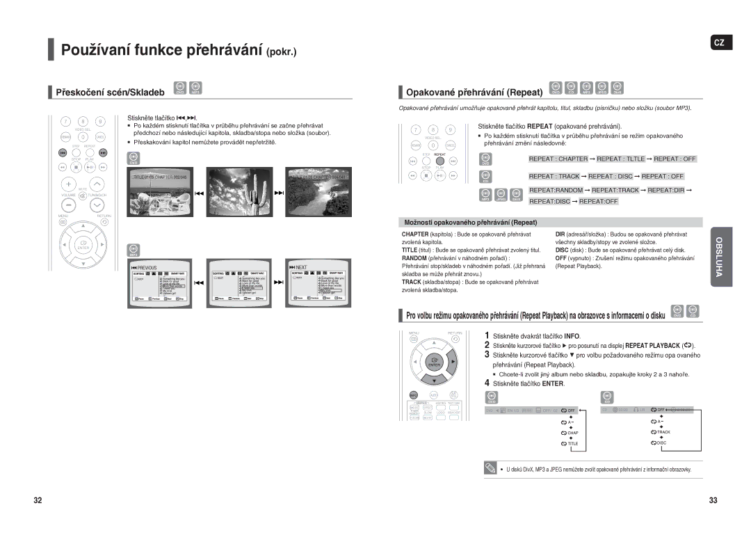 Samsung HT-X20R/XEO Používaní funkce přehrávání pokr, Přeskočení scén/Skladeb, Možnosti opakovaného přehrávání Repeat 