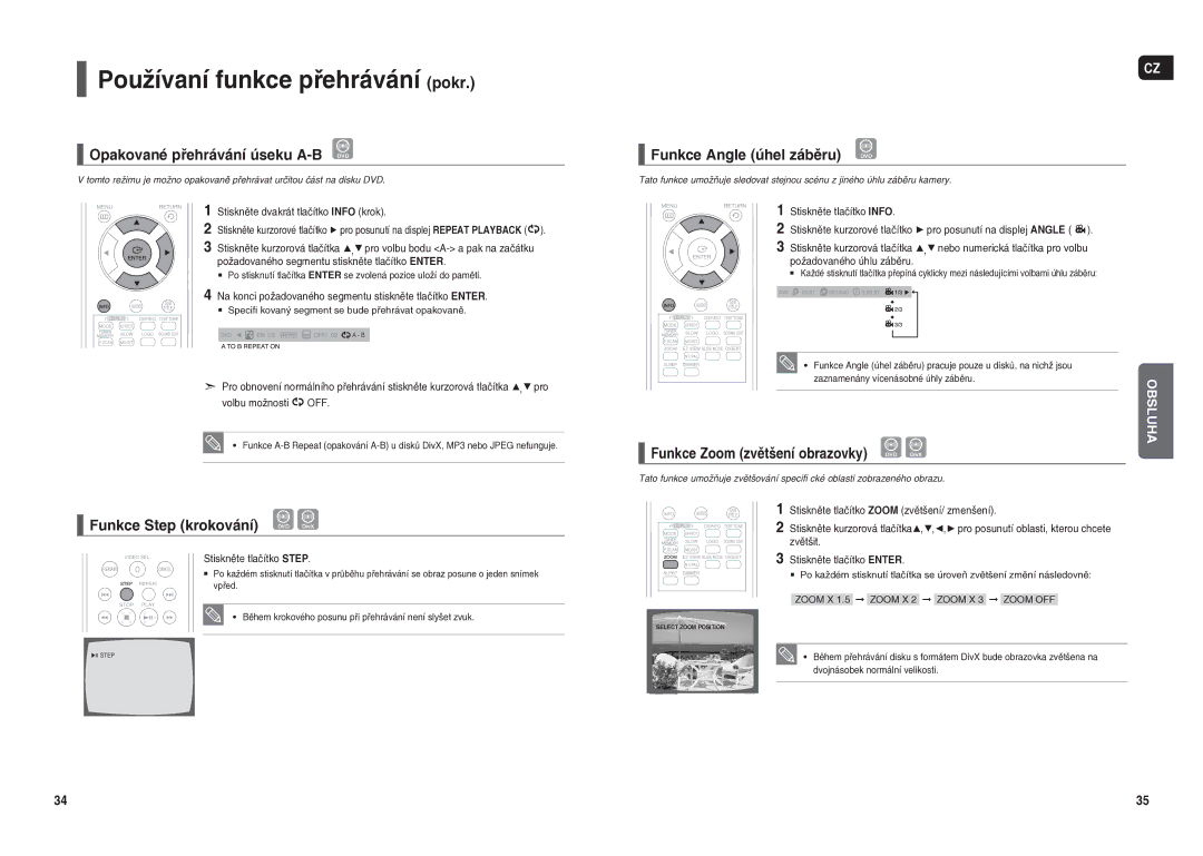 Samsung HT-X20R/XEO manual Opakované přehrávání úseku A-B DVD, Funkce Step krokování, Funkce Angle úhel záběru 