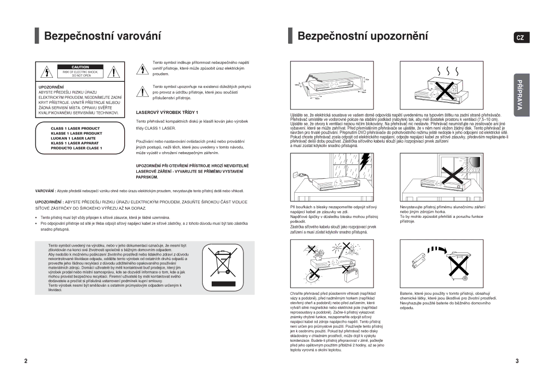 Samsung HT-X20R/XEO manual Bezpečnostní varování, Bezpečnostní upozornění, Musí zůstat kdykoliv snadno přístupná 