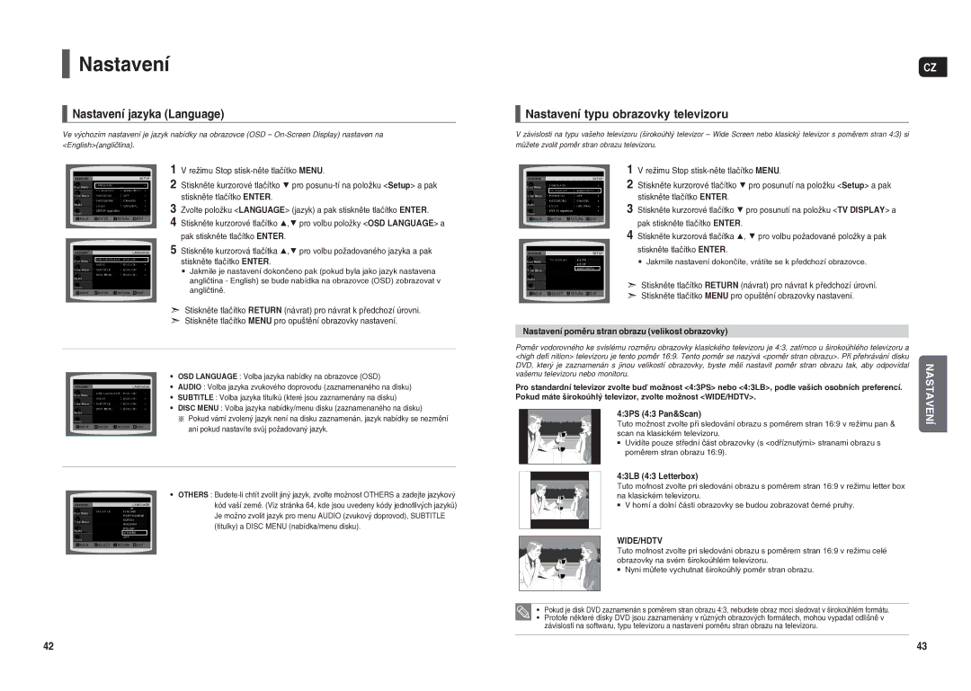 Samsung HT-X20R/XEO manual Nastavení jazyka Language, Nastavení typu obrazovky televizoru, 43LB 43 Letterbox 