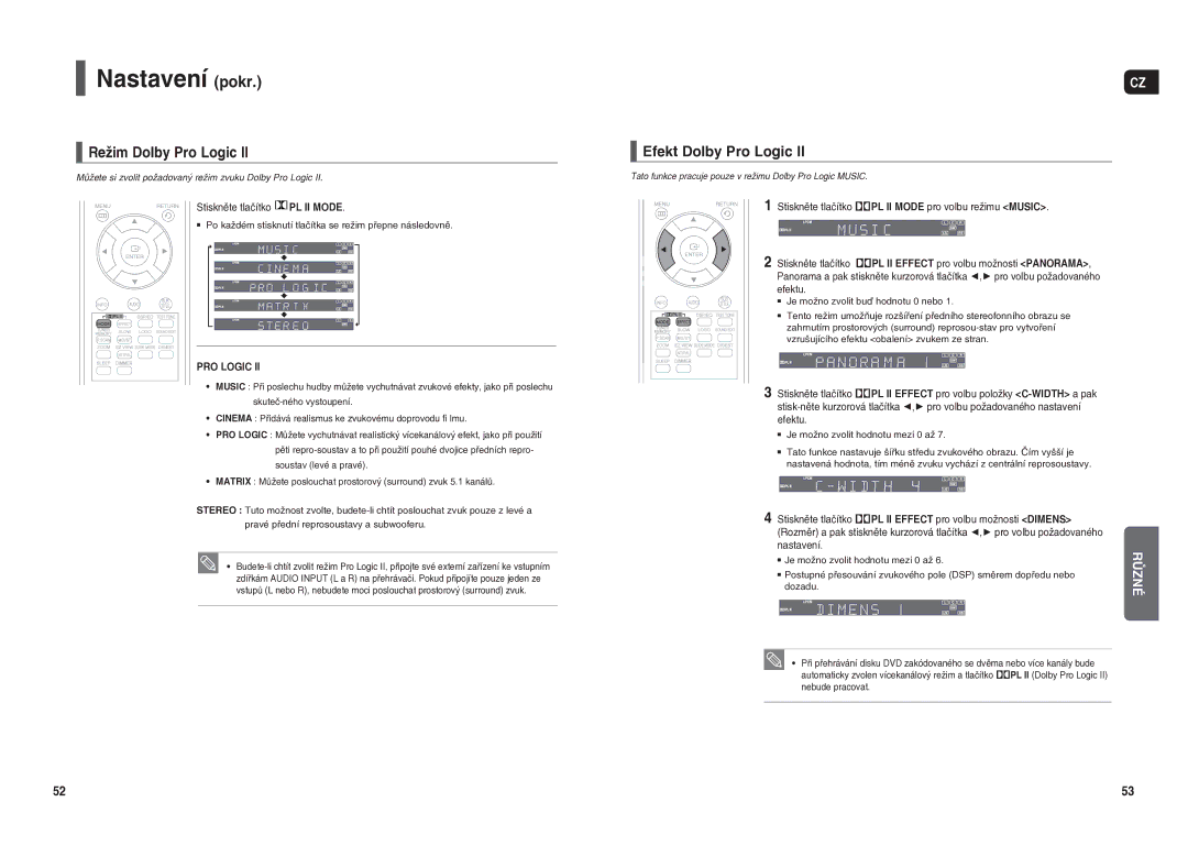 Samsung HT-X20R/XEO manual Režim Dolby Pro Logic, Efekt Dolby Pro Logic, Stiskněte tlačítko PL II Mode, Nastavení 