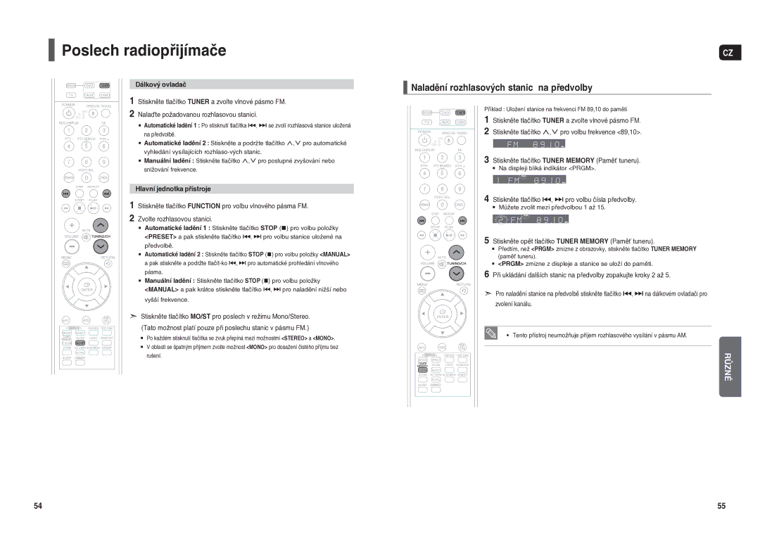 Samsung HT-X20R/XEO manual Poslech radiopřijímače, Naladění rozhlasových stanic na předvolby, Dálkový ovladač 