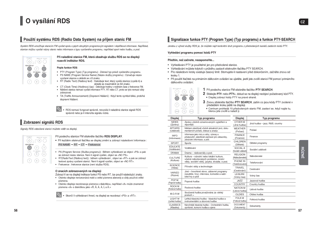 Samsung HT-X20R/XEO manual Vysílání RDS, Použití systému RDS Radio Data System na příjem stanic FM, Zobrazení signálů RDS 