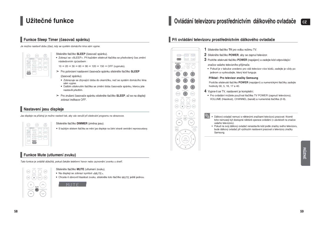 Samsung HT-X20R/XEO manual Užitečné funkce, Funkce Sleep Timer časovač spánku, Nastavení jasu displeje 