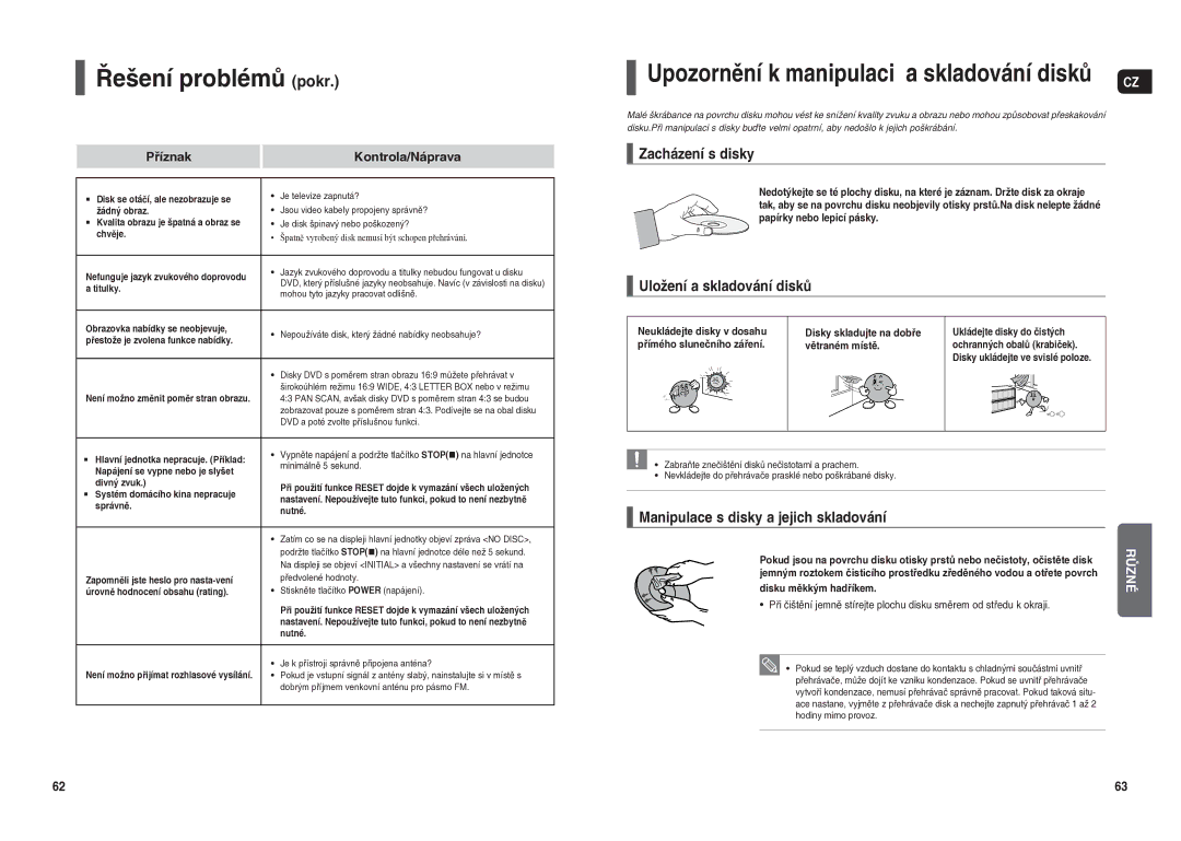 Samsung HT-X20R/XEO manual Řešení problémů pokr, Zacházení s disky, Uložení a skladování disků, Disku měkkým hadříkem 