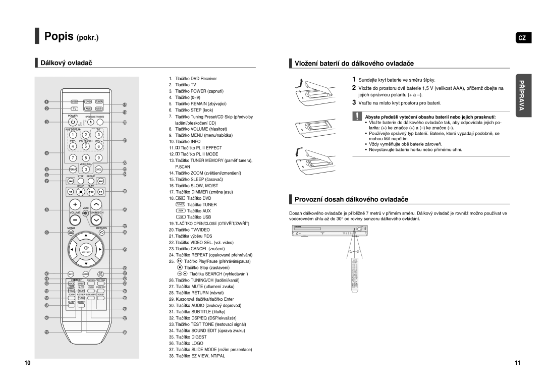 Samsung HT-X20R/XEO manual Dálkový ovladač Vložení baterií do dálkového ovladače, Provozní dosah dálkového ovladače 