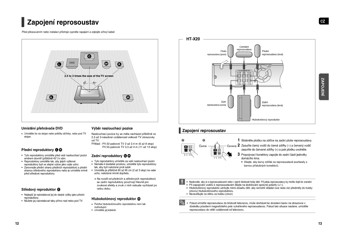 Samsung HT-X20R/XEO manual Zapojení reprosoustav 