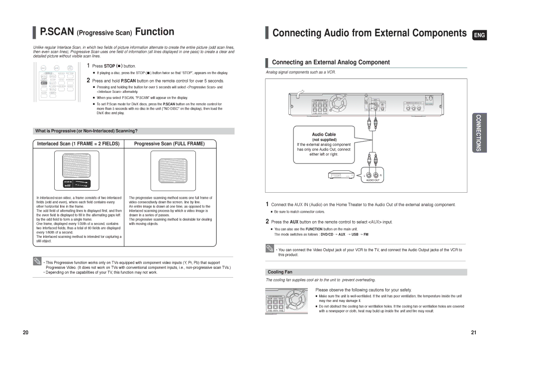 Samsung HT-X20T/XSV, HT-X20R/XET manual Connecting an External Analog Component, Cooling Fan, Press Stop button, Audio Cable 