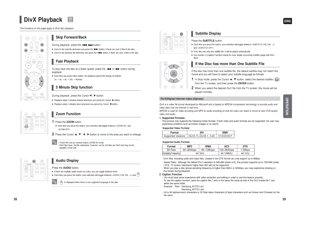 Samsung HT-TX22T/MEA, HT-X20R/XET, HT-X20R/XEO, HT-X20T/MEA, HT-TX25T/MEA, HT-TX22T/UMG, HT-TX22T/FMC manual DivX Playback DivX 