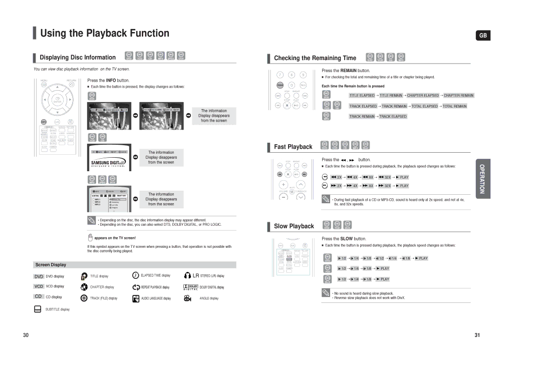 Samsung HT-X20T/MEA Using the Playback Function, Displaying Disc Information, Checking the Remaining Time, Slow Playback 