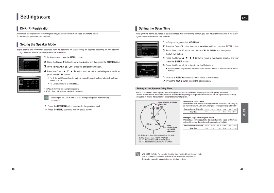 Samsung HT-X20T/XSV manual DivX R Registration Setting the Speaker Mode, Setting the Delay Time, Setting Center Speaker 