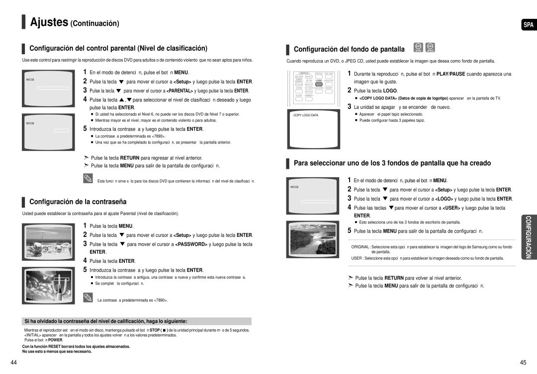 Samsung HT-X20T/MEA, HT-X20R/XET manual Ajustes Continuación, Configuración del control parental Nivel de clasificación 