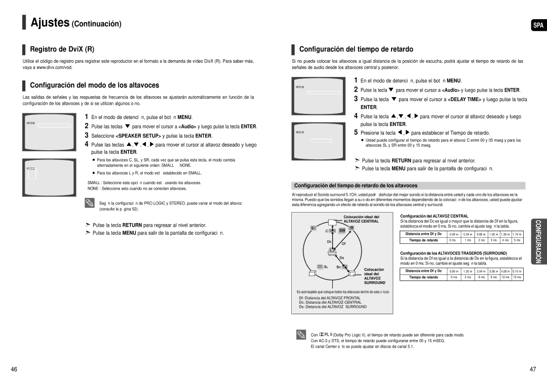 Samsung HT-X20R/XET manual Registro de DviX R Configuración del modo de los altavoces, Configuración del tiempo de retardo 