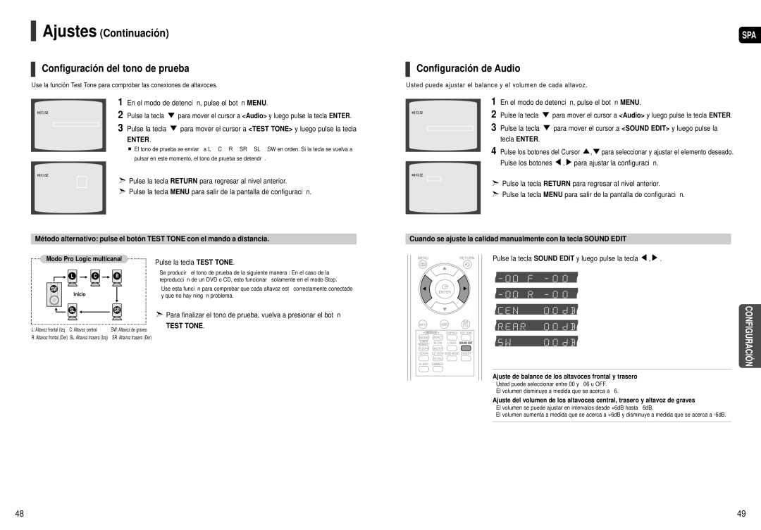 Samsung HT-X20R/XEO, HT-X20R/XET Configuración del tono de prueba, Configuración de Audio, Para ajustar la configuración 