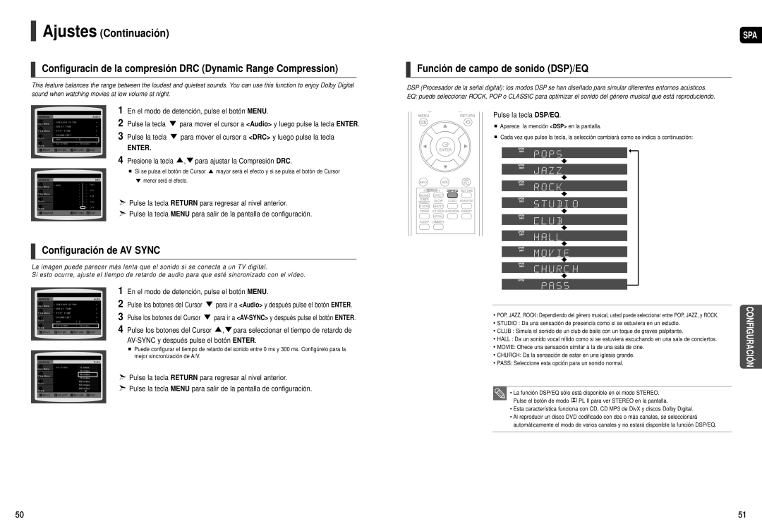 Samsung HT-X20T/MEA, HT-X20R/XET Configuracin de la compresión DRC Dynamic Range Compression, Configuración de AV Sync 