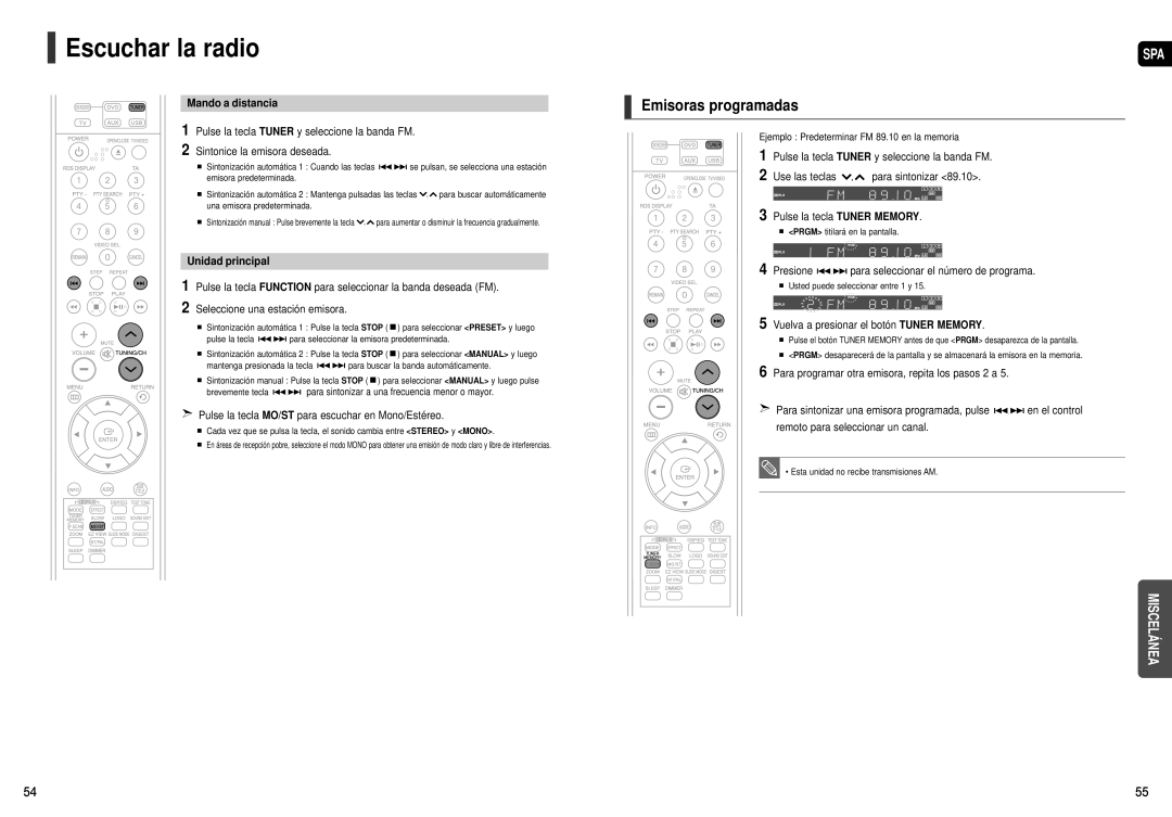 Samsung HT-X20R/XEO, HT-X20R/XET, HT-X20T/MEA Escuchar la radio, Emisoras programadas, Mando a distancia, Unidad principal 