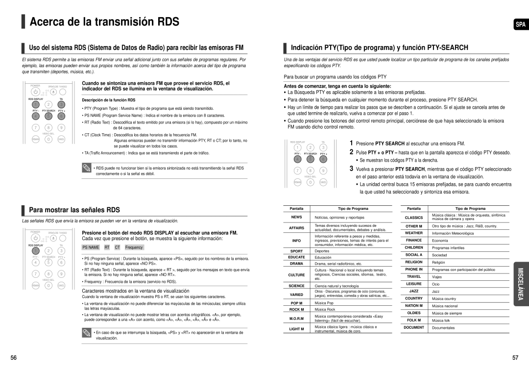 Samsung HT-X20T/MEA, HT-X20R/XET, HT-X20R/XEO manual Acerca de la transmisión RDS, Para mostrar las señales RDS 